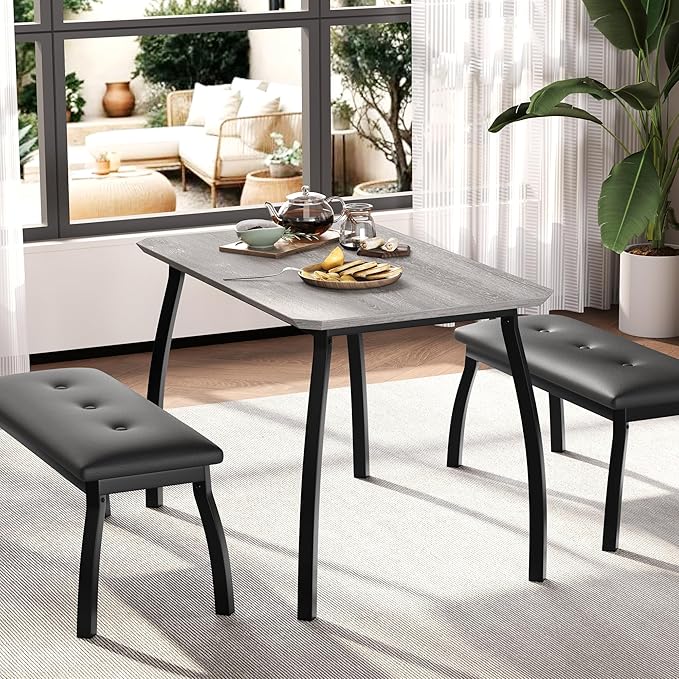 3 Piece Farmhouse Dining Table Set for 4, Compact Rustic Kitchen Table with 2 Padded Benches, Space Saving Breakfast Nook Furniture Set for Small Spaces, Apartments, Grey