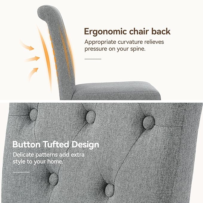Upholstered Dining Chairs Set of 6, Button Tufted Parsons Dining Chair with Solid Wood Legs, Modern Fabric Side Chair for Dining Room/Kitchen/Restaurant/Hotel- Grey