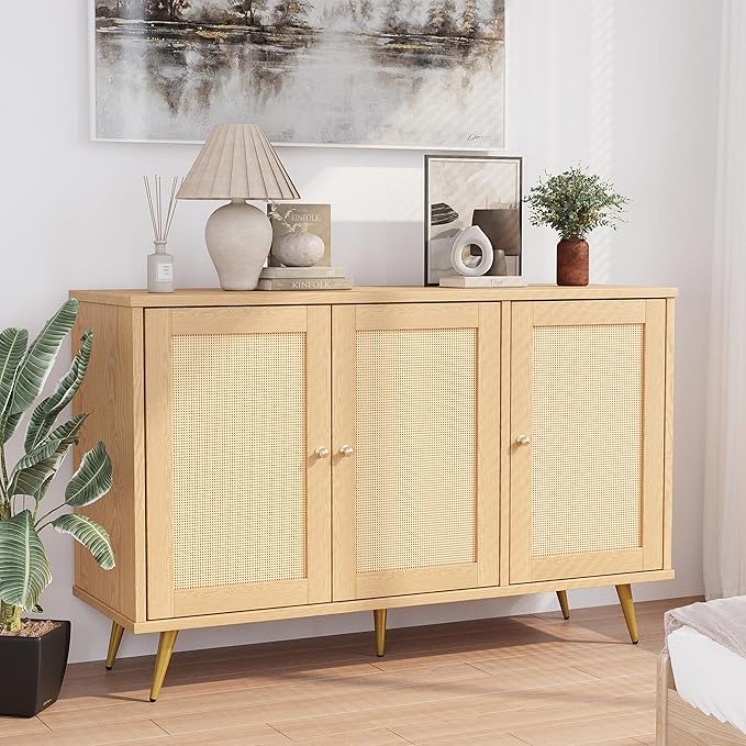 Shintenchi Large Rattan Storage Cabinet, Modern Sideboard Cabinet, Accent Large Storage Space Cabinet with Rattan Decorated Doors for Living Room, Dining Room