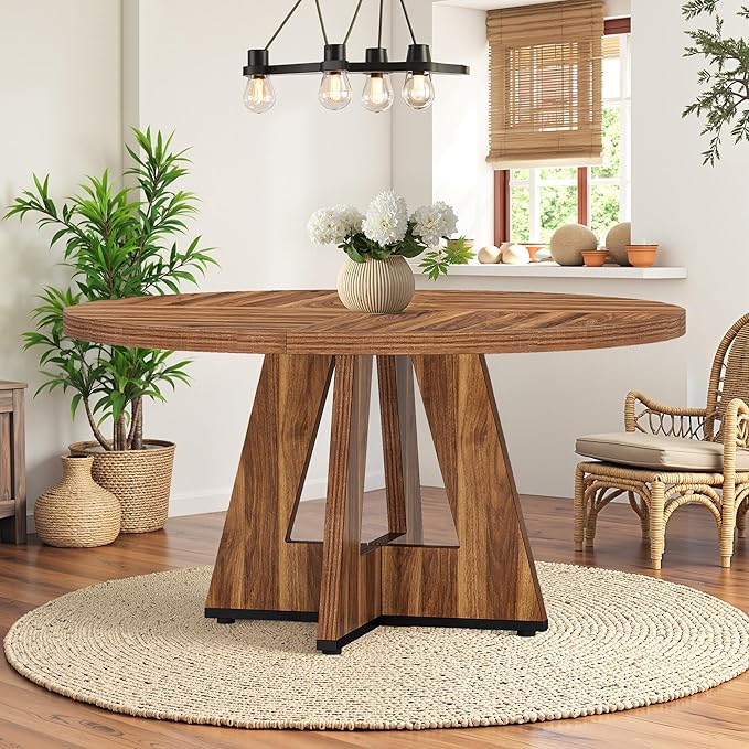 Round Dining Table for 4, 47" Wooden Kitchen Dinner Table Rustic, Farmhouse Table for Dining Room, Living Room, Brown