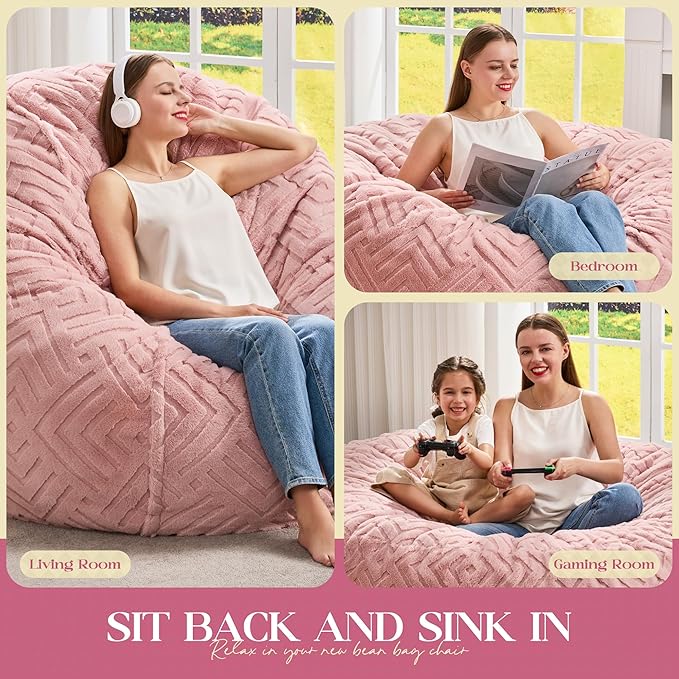 Hobestluk Bean Bag Chairs Adults Beanbag Chair with Filler Large Bean Bags with Fluffy Embossed Cover, Giant Bean Bag Chairs for Adults (Pink, 6FT - 70" x 70" x 15")