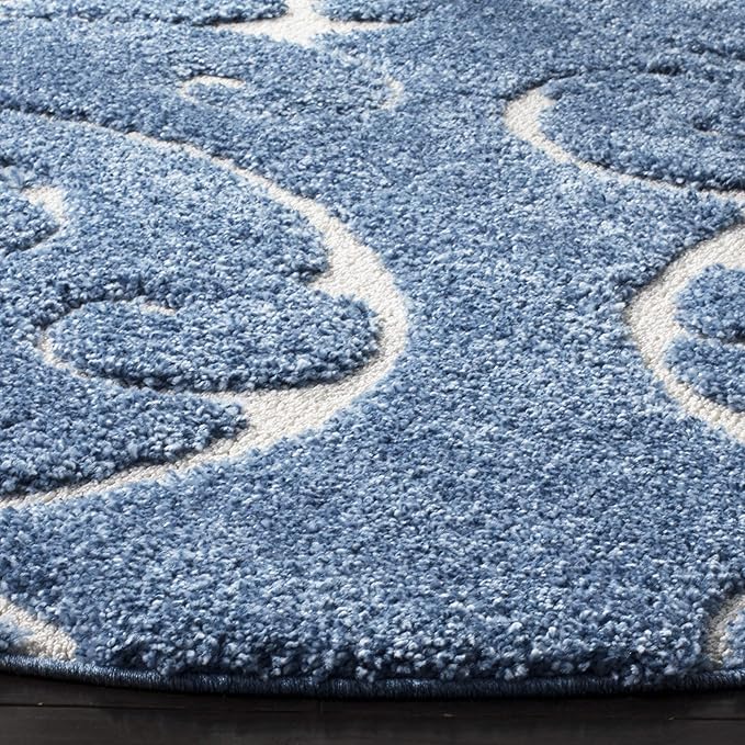 SAFAVIEH Florida Shag Collection 6'7" Round Light Blue/Cream SG455 Scrolling Vine Graceful Swirl Textured Non-Shedding Living Room Bedroom Dining Room Entryway Plush 1.2-inch Thick Area Rug