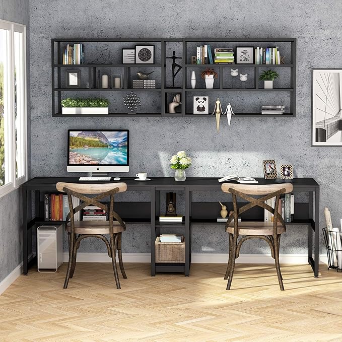 Tribesigns Two Person Desk with Bookshelf, 78.7 Computer Office Double Desk for Two Person, Rustic Writing Desk Workstation with Shelf for Home Office (Black)
