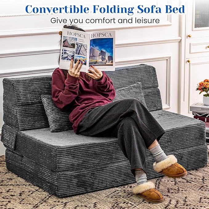 Folding Sofa Bed, Convertible Sleeper Chair with Pillow, High Density Memory Foam Fold Out Couch, Foldable Mattress Futon Sofa for Living Room/Dorm/Guest Use/Apartment/Home Office