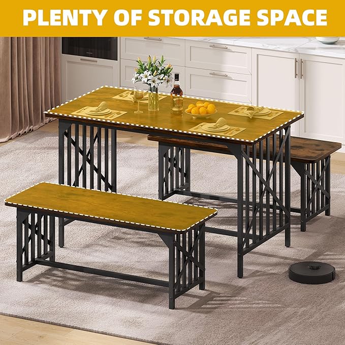 DWVO 3-Piece Kitchen Table with 2 Bench 47.2 Inch Dining Table Set for 4 People Industrial Rectangular Dining Room Furniture Set with Storage for Kitchen Rustic Brown