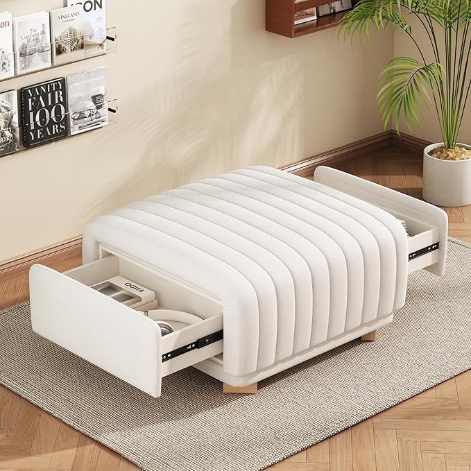 Christopher Knight Home Reyno Upholstered Ottoman with Storage for Living Room, Chenille Fabric Storage Ottoman Foot Rest with Side Drawers, Modern Square Coffee Table with Wooden Frame, Light Beige