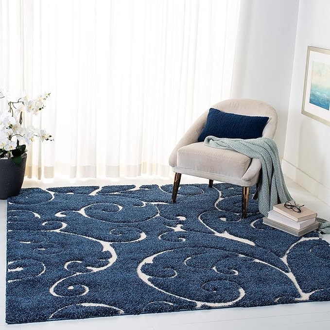 SAFAVIEH Florida Shag Collection Area Rug - 5' Square, Dark Blue & Cream, Scroll Design, Non-Shedding & Easy Care, 1.2-inch Thick Ideal for High Traffic Areas in Living Room, Bedroom (SG455-6511)