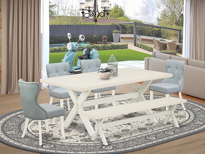 East West Furniture X027SI215-6 6 Piece Kitchen Table Set Contains a Rectangle Dining Table with X-Legs and 4 Baby Blue Linen Fabric Upholstered Chairs with a Bench, 40x72 Inch, Multi-Color