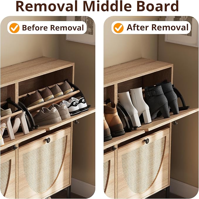 IRONCK Rattan Shoe Cabinet Storage with 4 Flip Drawers, Freestanding Shoe Storage Organizer Cabinet for Entryway, Narrow Shoe Rack Cabinet, Oak