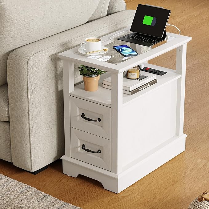 LINSY HOME Narrow End Table with Charging Station, Side Table with Glass Top, Open Shelf, and 2 Drawers, Small Sofa Table with Storage for Living Room, White