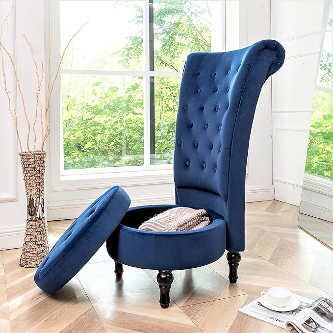 Container Furniture Direct Royal High-Back Velvet Accent Chair for Vanity with Storage and Luxurious Upholstery, Retro Design and Versatile Usage for Living Room, Bedroom, Lounge and Office, Dark Blue