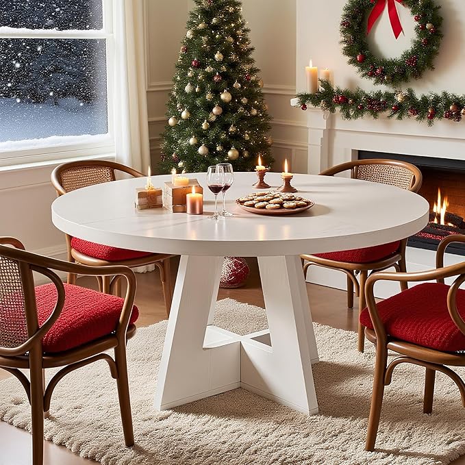 47" Round Dining Table for 4-6, Modern Small Dinner Table Farmhouse Round Kitchen Tables with Wooden Cross Base for Dining Room, Kitchen, Living Room, White