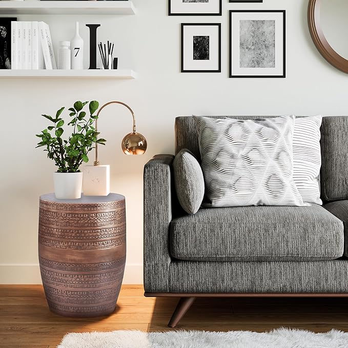 SIMPLIHOME Johnsen Metal Table - 15 inch Wide Solid Iron Drum Accent Table in Antique Copper with Tribal Pattern, Round Boho End Table for Living Room, Bedroom, or Home Office, Fully Assembled