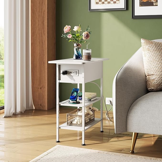 WLIVE End Table with Charging Station, Flip Top Side Table with Storage Shelf, Narrow Bedside Table for Living Room, Sofa Couch Table with USB Ports and Outlets, Bedroom Nightstand, White