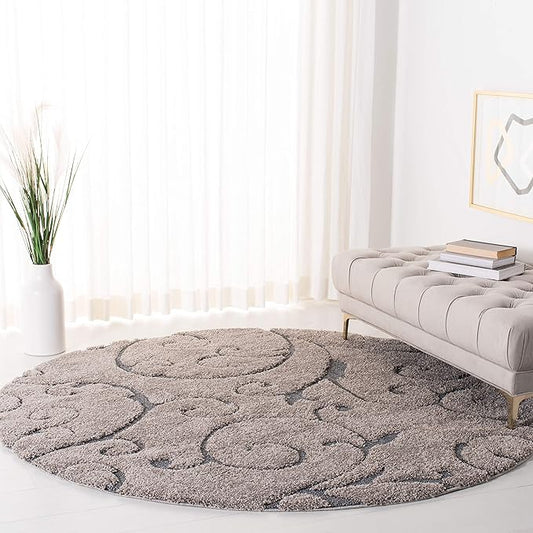 SAFAVIEH Florida Shag Collection Area Rug - 9' Round, Grey & Light Blue, Scroll Design, Non-Shedding & Easy Care, 1.2-inch Thick Ideal for High Traffic Areas in Living Room, Bedroom (SG455-1160)