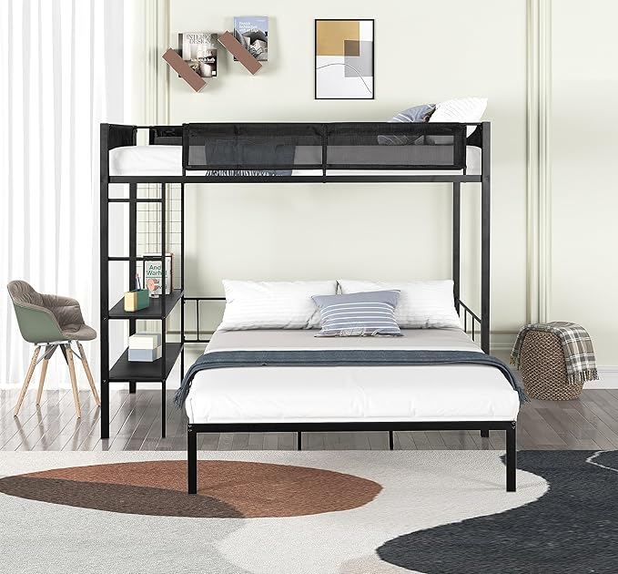 Twin Over Twin Size Bunk Bed with Multiple Storage Shelves & Wardrobe Design,Castle-Shaped Metal Bedframe W/Safety Guardrails & Ladder,for Kids Teens Boys Girls Bedroom