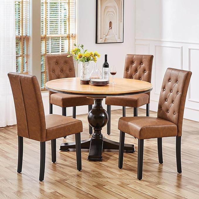 Yaheetech Dining Chairs Set of 2 Modern Style Faux Leather Dining Room Chairs with Solid Wood Legs and Button Tufted Padded for Home Kitchen, Retro Brown