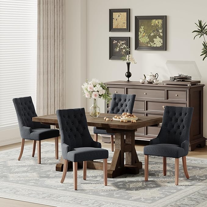 COLAMY Wingback Upholstered Dining Chairs Set of 4, Fabric Side Dining Room Chairs with Tufted Button, Living Room Chairs for Home Kitchen, Black