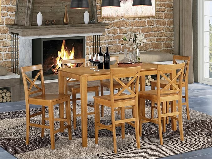 East West Furniture CAPU7H-OAK-W 7 Piece Kitchen Counter Height Dining Table Set Consist of a Rectangle Dining Room Table and 6 Wooden Seat Chairs, 36x60 Inch, Oak