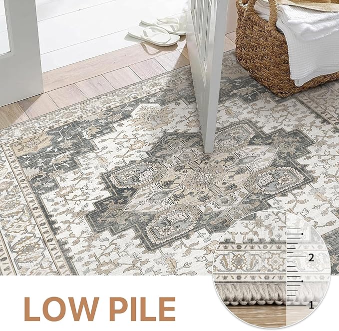 GENIMO 9x12 Area Rugs for Living Room, Non Slip Machine Washable Vintage Rugs, Low Pile Lightweight Chenille Print Large Rug for Bedroom, Dining Room, Home Office, Heathered Grey