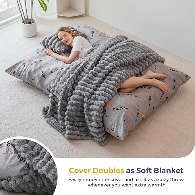 MAXYOYO Giant Bean Bag Chair with Pillow, 3 in 1 Convertible Bean Bag Chair for Adults with Washable Cover, Removable Floor Cushion Stuffed Floor Lounger for Living Room Bedroom, Grey