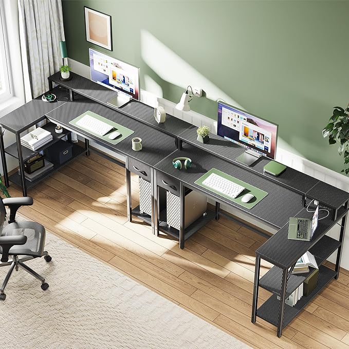 SUPERJARE 53 inch Reversible L Shaped Desk with LED Lights & Power Outlets, Computer Desk with Shelves & Monitor Stand, Gaming Desk with Drawer, Home Office Desk Corner Desk, Carbon Fiber Black