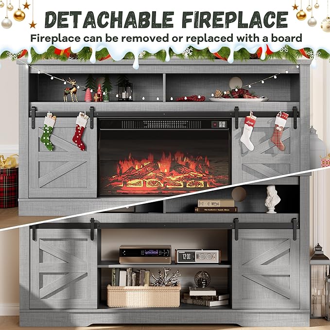 YESHOMY Fireplace TV Stand for Television up to 65+ Inch with Storage and Farmhouse Sliding Barn Doors, Entertainment Center with Cabinet and Shelves, Media Console for Living Room, Gray
