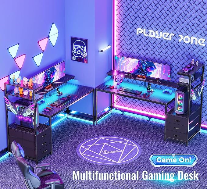 PRAISUN 61.7" Gaming Desk with LED Lights & Outlets, Computer Desk with 3 Fabric Drawers, PC Desk with PC Case Stand & Movable Storage Shelves, Monitor Stand, Reversible, Carbon Fiber Black