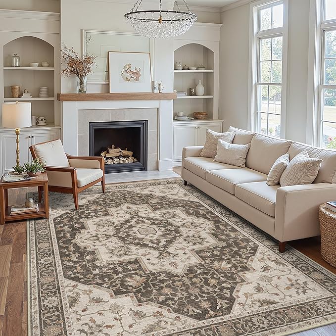 GENIMO 8x10 Area Rugs for Living Room, Machine Washable Non Slip Vintage Retro Rugs, Low Pile Lightweight Chenille Print Rug for Bedroom, Dining Room, Home Office, Ebony Taupe