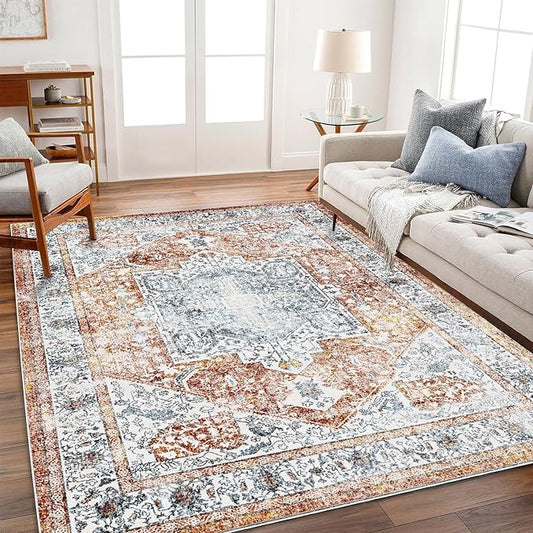 5x7 Washable Area Rug Vintage Traditional Floor Cover Foldable Thin Rug Retro Kitchen Accent Rug Indoor Distressed Non Slip Carpet Floral Print Mat Bedroom Living Room Bathroom