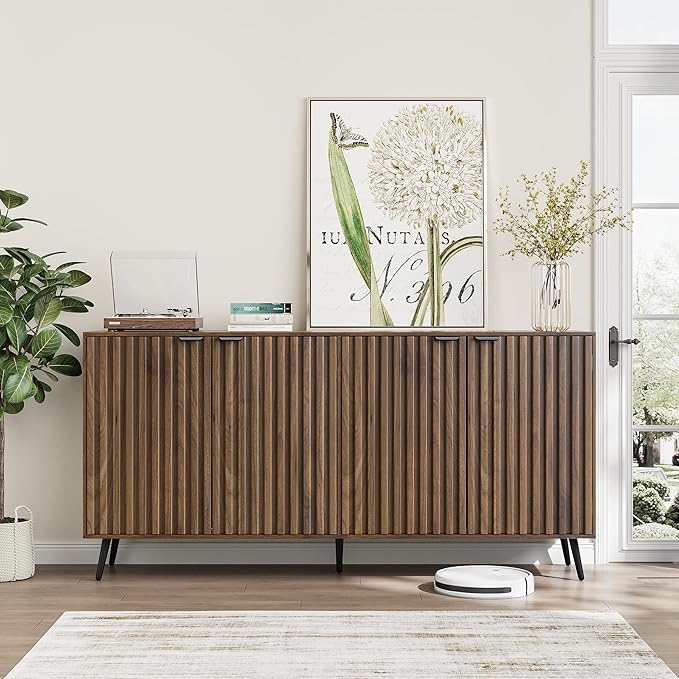 Smuxee 63" Fluted Sideboard Cabinet, Freestanding Walnut Buffet Cabinet with Adjustable Shelf, Wood Storage Cabinet for Living Room, Entryway, Hallway
