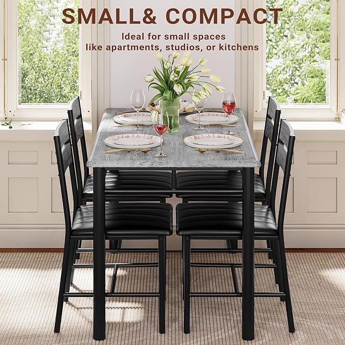 IRONCK Dining Table Set for 4, Wood Kitchen Table with Upholstered Chairs for Kitchen Room and Small Spaces, Grey