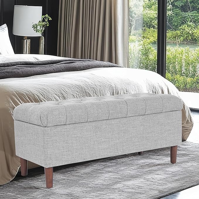 HomePop Home Decor | Tufted Ainsley Button Storage Ottoman Bench with Hinged Lid | Ottoman Bench with Storage for Living Room & Bedroom,Gray Woven