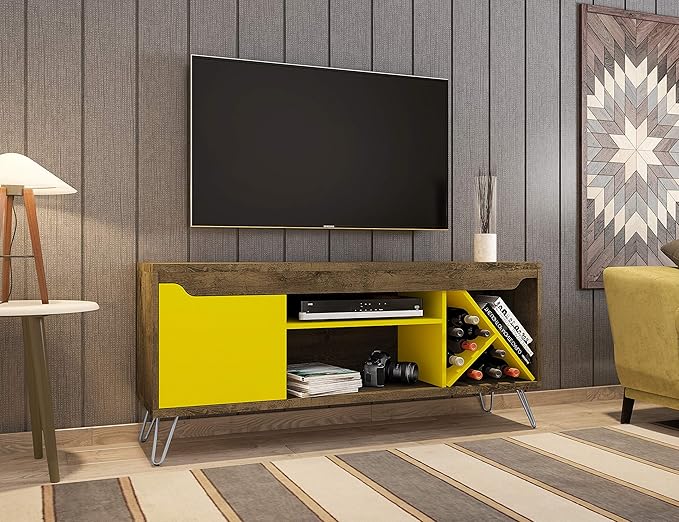 Manhattan Comfort Baxter 53.54" Mid Century TV Stand for Bedroom and Living Room Use, Entertainment Center with Storage, Shelves and Wine Racks, Ideal for 46 to 50 Inch Screens, Rustic Brown/Yellow