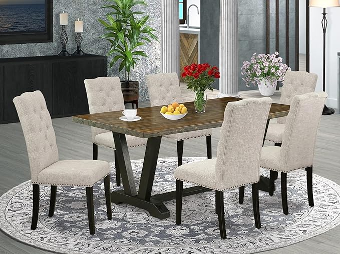 East West Furniture V677EL635-7 7 Piece Kitchen Table & Chairs Set Consist of a Rectangle Dining Room Table with V-Legs and 6 Doeskin Linen Fabric Parsons Chairs, 40x72 Inch, Multi-Color