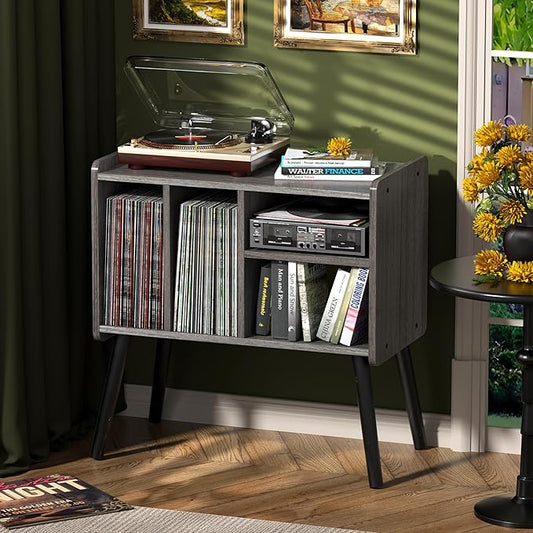 Record Player Table, Mid-Century Record Player Stand with Vinyl Storage Hold Up to 150+ Albums, Vinyl Record Cabinet with Adjustable Shelves, Wood Turntable Stand for Music Living Room (Grey)