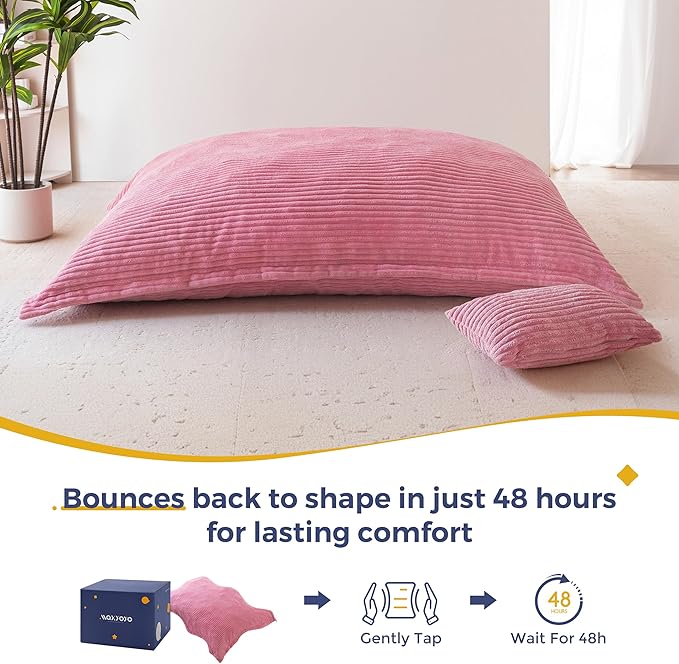 MAXYOYO Giant Bean Bag Chair with Pillow, 3 in 1 Convertible Bean Bag Chair for Adults with Washable Cover, Removable Floor Cushion Stuffed Floor Lounger for Living Room Bedroom, Pink, Full
