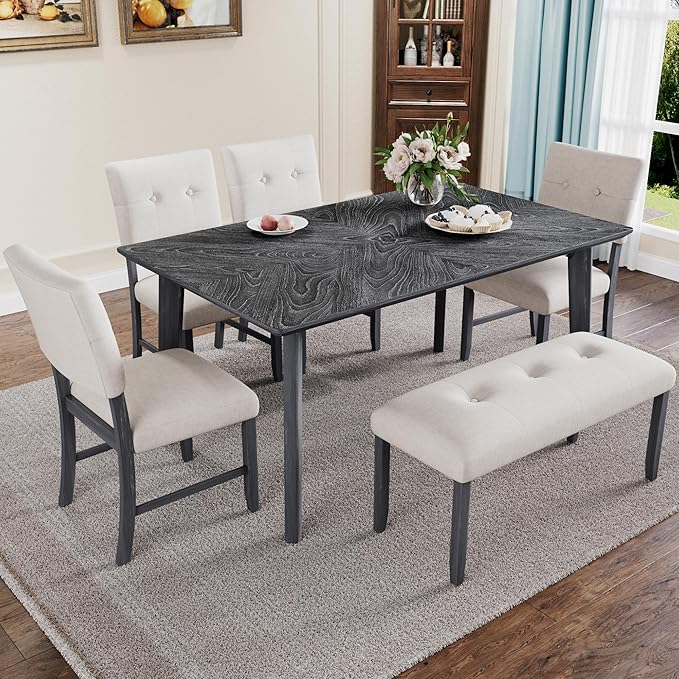 Merax 6 Piece Solid Wood Dining Table Set for 6, Rustic Farmhouse Rectangular with 4 Upholstered Wooden Chairs and 1 Bench, Kitchen Room, Gray