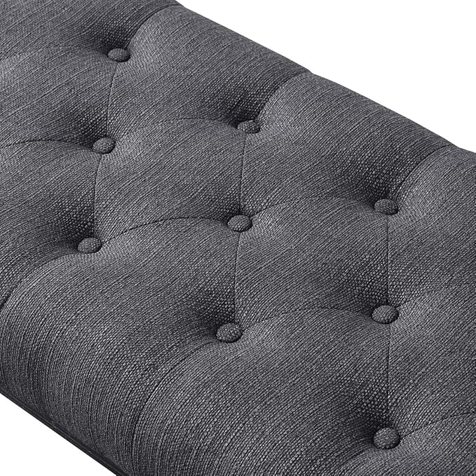 24KF Upholstered Tufted Long Bench with Metal Frame Leg, Linen Bench Ottoman with Padded Seat-Dark Gray