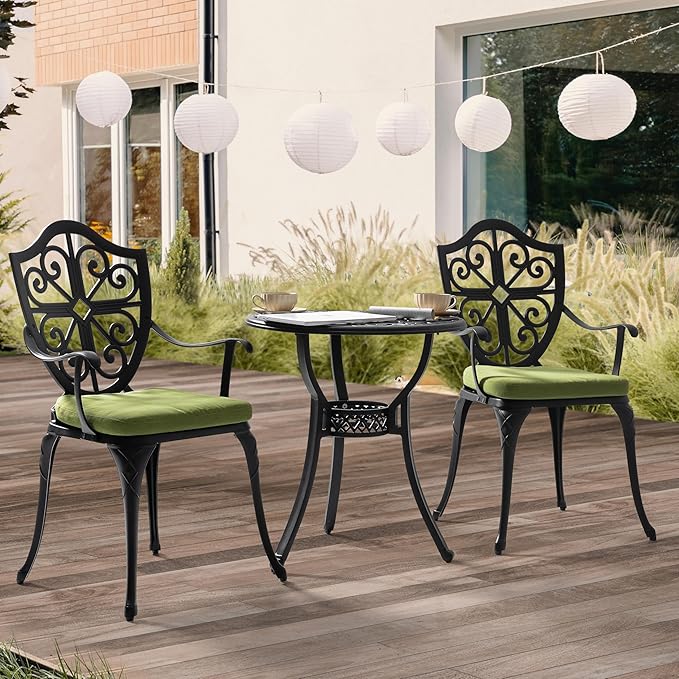 NUU GARDEN 3 Piece Outdoor Bistro Set Cast Aluminum Patio Set Bistro Table Set Rustproof Patio Table and Chairs with Umbrella Hole and Green Cushions for Backyard, Balcony, Porch, Black