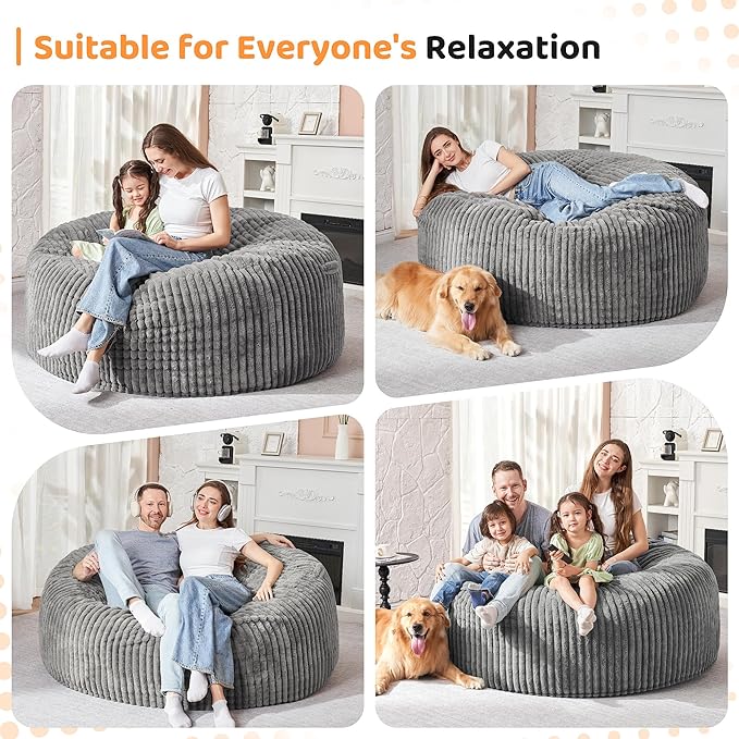 HABUTWAY 5FT Bean Bag Chair, 5' Large Bean Bag Chairs for Adults with Removable Stripe Plush Cover, Memory Foam Beanbag Chair for Living Room Bedroom Dorm (Grey)