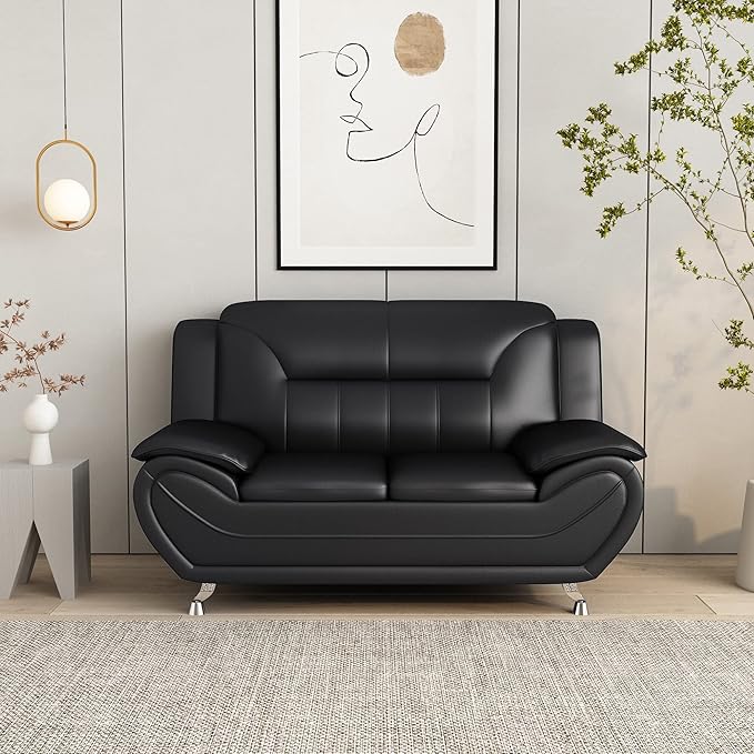 Container Furniture Direct Michael Modern Faux Leather Upholstered Stainless Steel Legs Living Room, Chair, Loveseat, Sofa, Soft Beige/Black