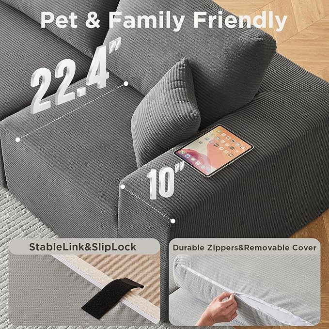 INGEROOM 108" Cloud Sectional Couch, Modular Sectional Sofa with L-Shaped Chaise, Modern Plush Corduroy Couch for Living Room Bedroom, No Assembly Required, Deep Seating Floor（Dark Gray）