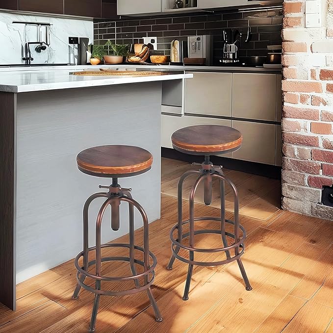 Set of 2 Industrial Bar Stool-Retro 26-32.3inch Swivel Stools-Extra Tall Kitchen Chair-Bar Counter Height Adjustable-Fully Welded (Copper 2PCS)