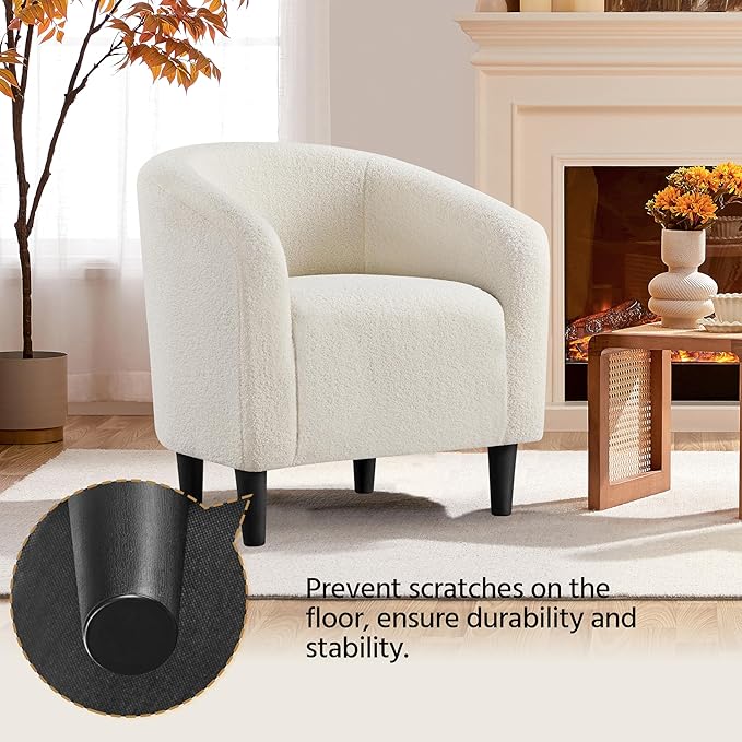 Yaheetech Accent Barrel Chair, Boucle Fabric Club Chair, Furry Sherpa Elegant Armchair with Cozy Soft Padded, Suitable for Living Room Bedroom Reception Room Office, Ivory