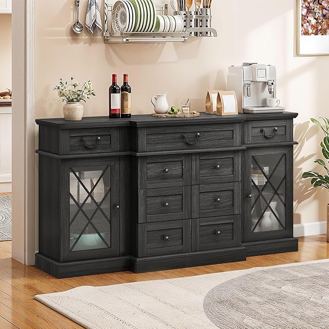 YITAHOME Television Stand for 65/55 Inch TV, Farmhouse TV Stand with 9 Drawers, Adjustable Shelves and Tempered Glass Doors, Entertainment Center TV Media Console for Living Room, Dark Grey