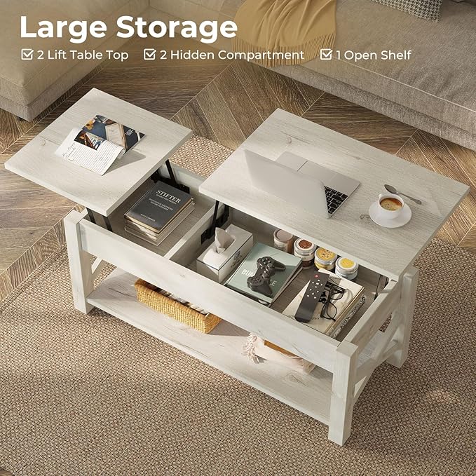 Rolanstar 47.2" Lift Top Coffee Table with Hidden Compartment, 2 Way Lift Top Coffee Table with Open Shelf & X Wooded Support, Farmhouse Center Table for Living Room, Grey