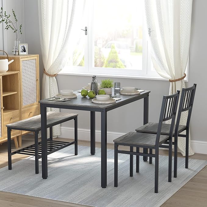 Teraves Dining Table Set for 4/Computer Desk,Kitchen Table with 2 Chairs and a Bench,Table and Chairs Dining Set 4 Picce Set for Dining Room (Black Oak+Black Frame,120CM)