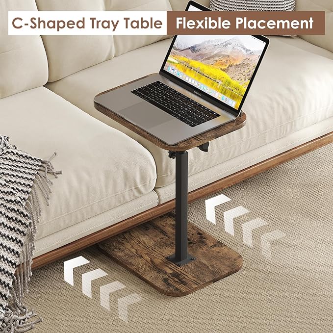 Sofa Couch Arm Table Tv Tray Small Bed Stand C Shaped Side End Tables for Living Room, Bedroom, Bedside Rustic