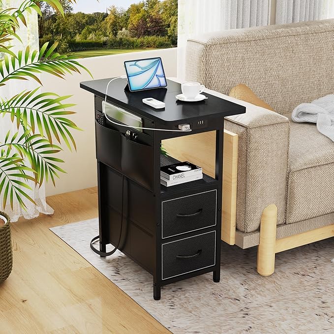 Small Side Table with Charging Station, Narrow Nightstand Bedside Tables with Storage Pocket for Living Room Bedroom, Sofa End Table with USB Ports and Power Outlets for Small Spaces